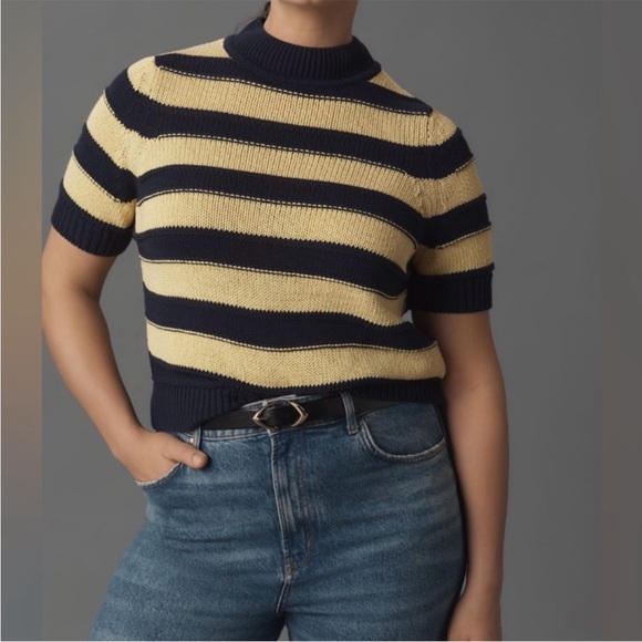 Anthropologie Pilcro Striped Short Sleeve
Mock Neck Sweater in Black Motif 2X - Picture 1 of 6